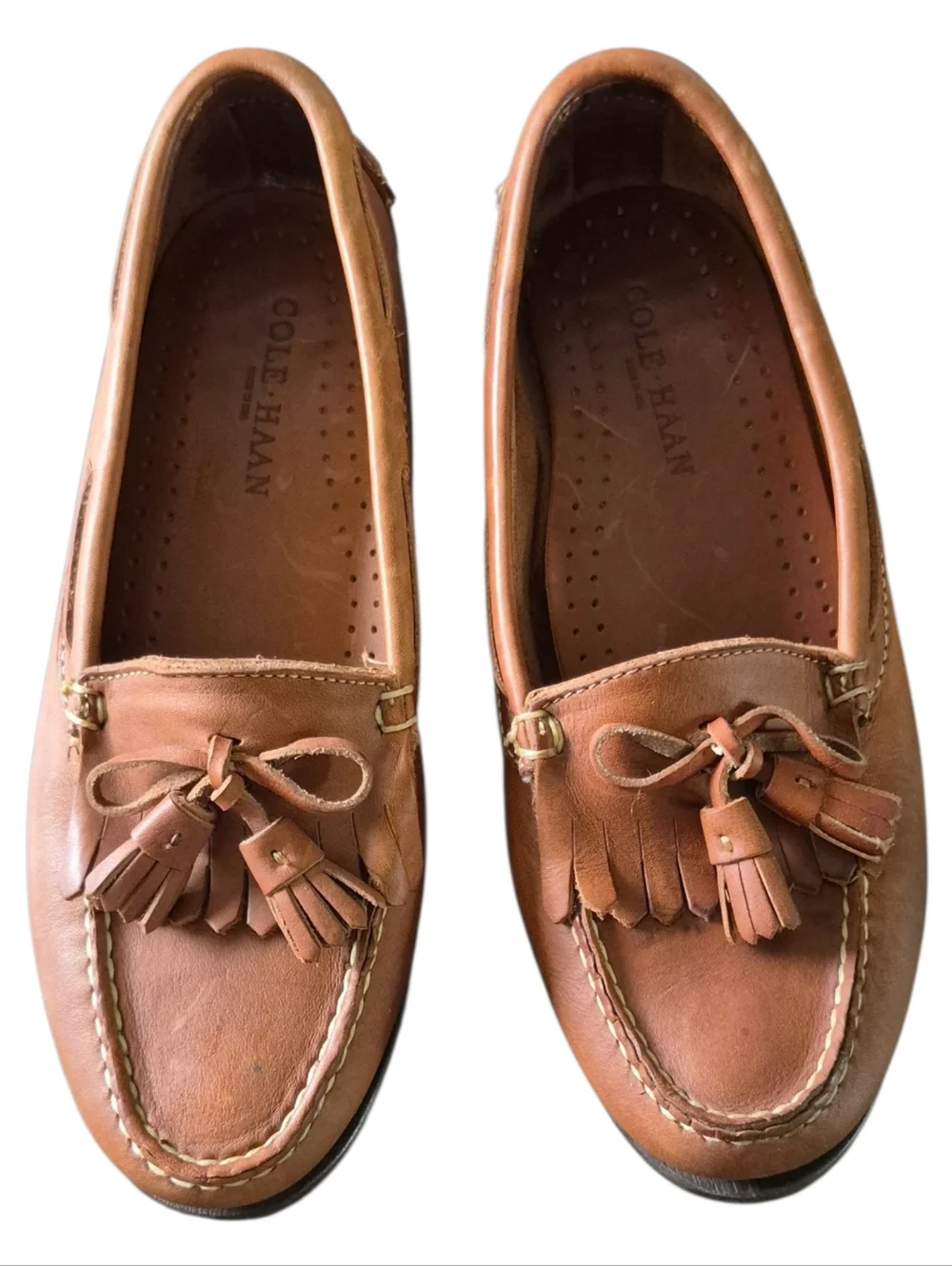 COLE HAAN LADIES VTG Cognac Brown Shall Bow Tie oak leather tassel mock loafers